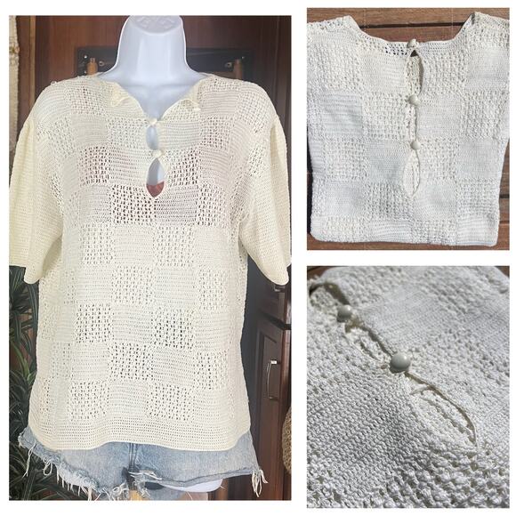 Handmade Tops - Cream Crochet Henley Top Handmade Boho Cottagecore Blouse O/S Festival Shirt M